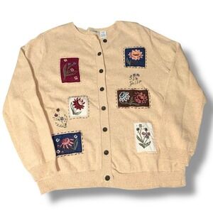 Vintage Appliqué sweater tan floral patchwork cardigan cottagecore Granny Small